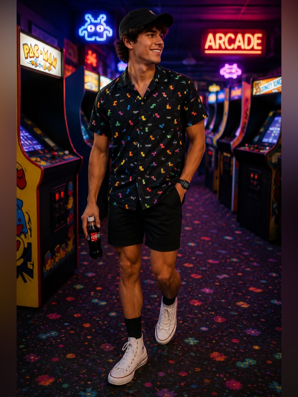 Tetris All- Over Print Button-Up Shirt/ Gamer/ Retro Arcade Mens Sm